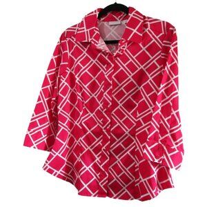 NY&C Womens Large Fuchsia White Geometric Button-Up Shirt New